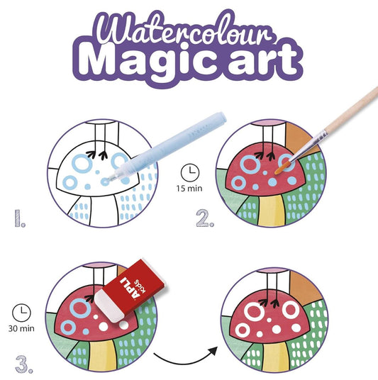 APLI Kids 18823 – Watercolor Magic Art – Set de 4 Fiches à Colorier à l’Aquarelle Magique – 6 Couleurs + 1 Feutre Magique + 1 Gomme – Activité Créative Enfant