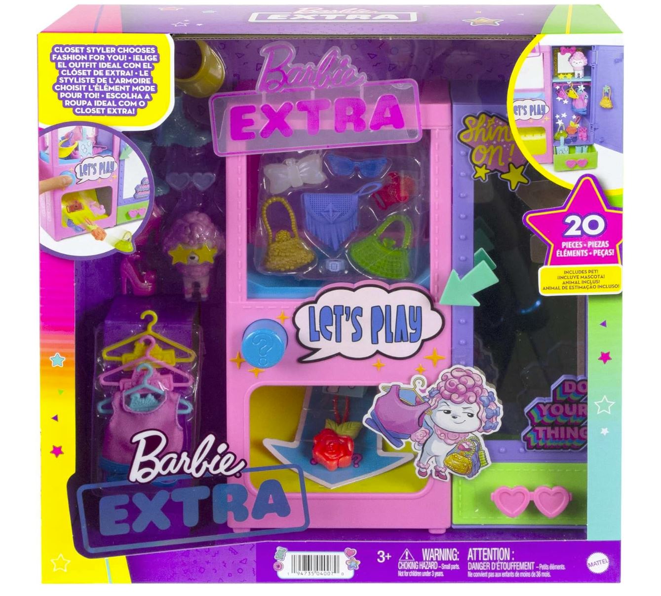 Barbie Extra Dressing â Coffret avec 20 Accessoires, Caniche, Armoire & Bouton Surprise â Jouet pour Enfant â HFG75
