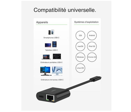 Adaptateur Belkin USB-C vers Ethernet + Recharge 100W – Gigabit Ethernet 10/100/1000 Mbps – Compatible iPhone 16, Samsung Galaxy S24, MacBook, iPad Pro