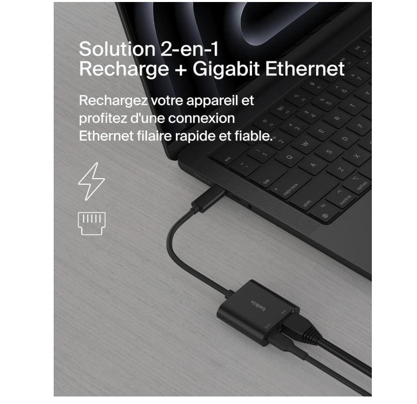Adaptateur Belkin USB-C vers Ethernet + Recharge 100W – Gigabit Ethernet 10/100/1000 Mbps – Compatible iPhone 16, Samsung Galaxy S24, MacBook, iPad Pro