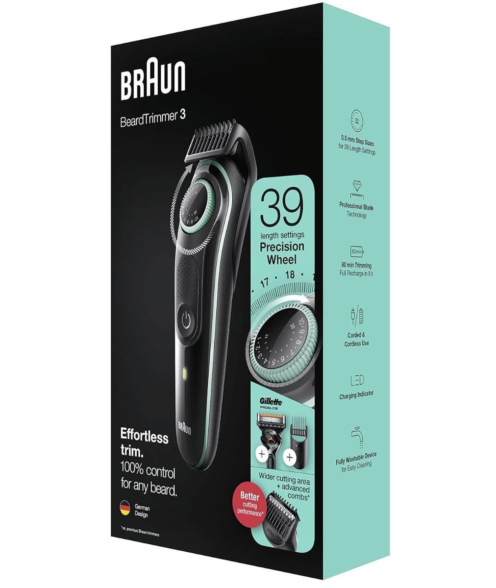 Braun Beard Trimmer 3 BT3341 – Tondeuse Barbe et Cheveux Homme – Tondeuse Corps avec Sabot Zones Sensibles – Noir/Gris