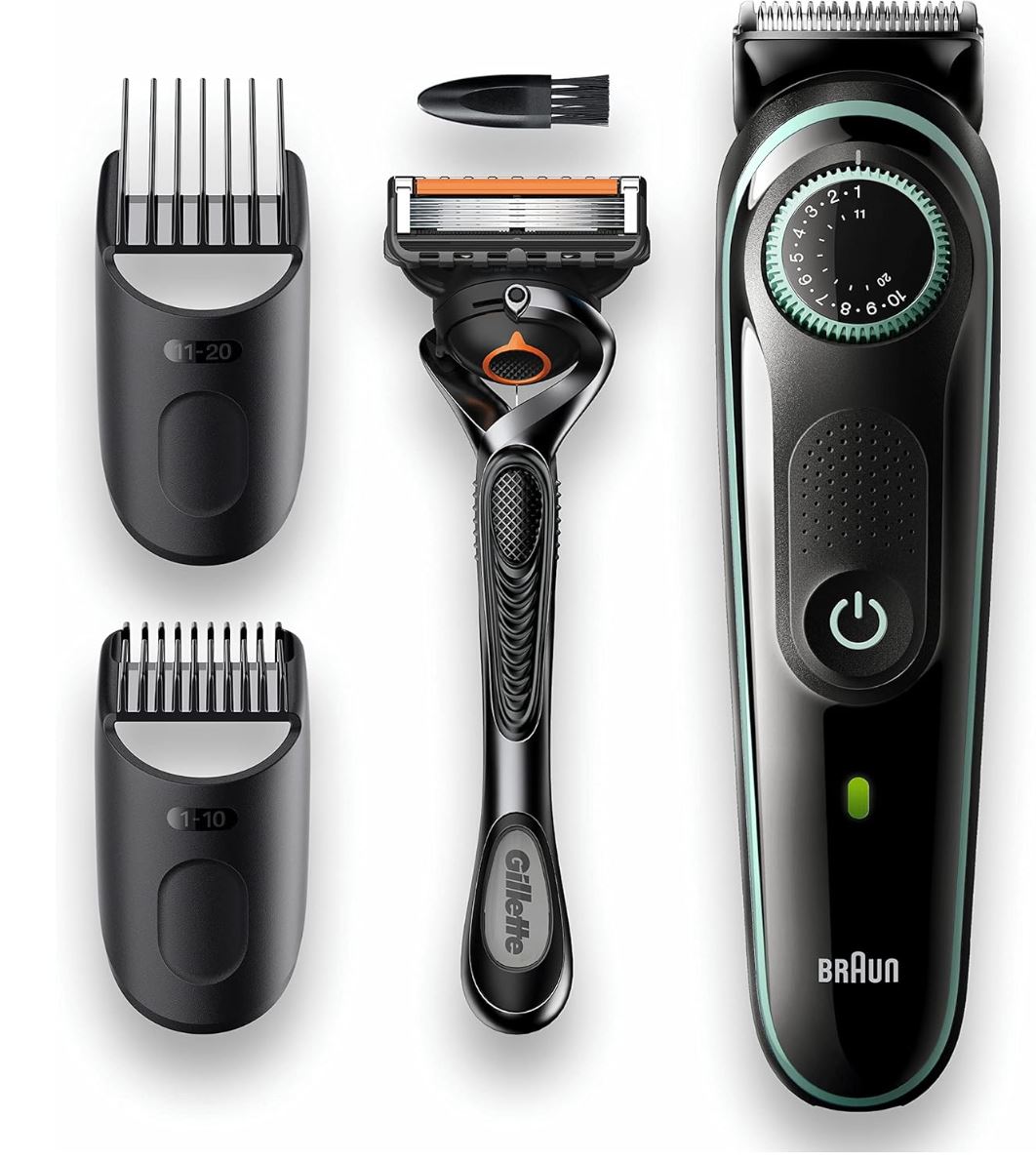 Braun Beard Trimmer 3 BT3341 – Tondeuse Barbe et Cheveux Homme – Tondeuse Corps avec Sabot Zones Sensibles – Noir/Gris