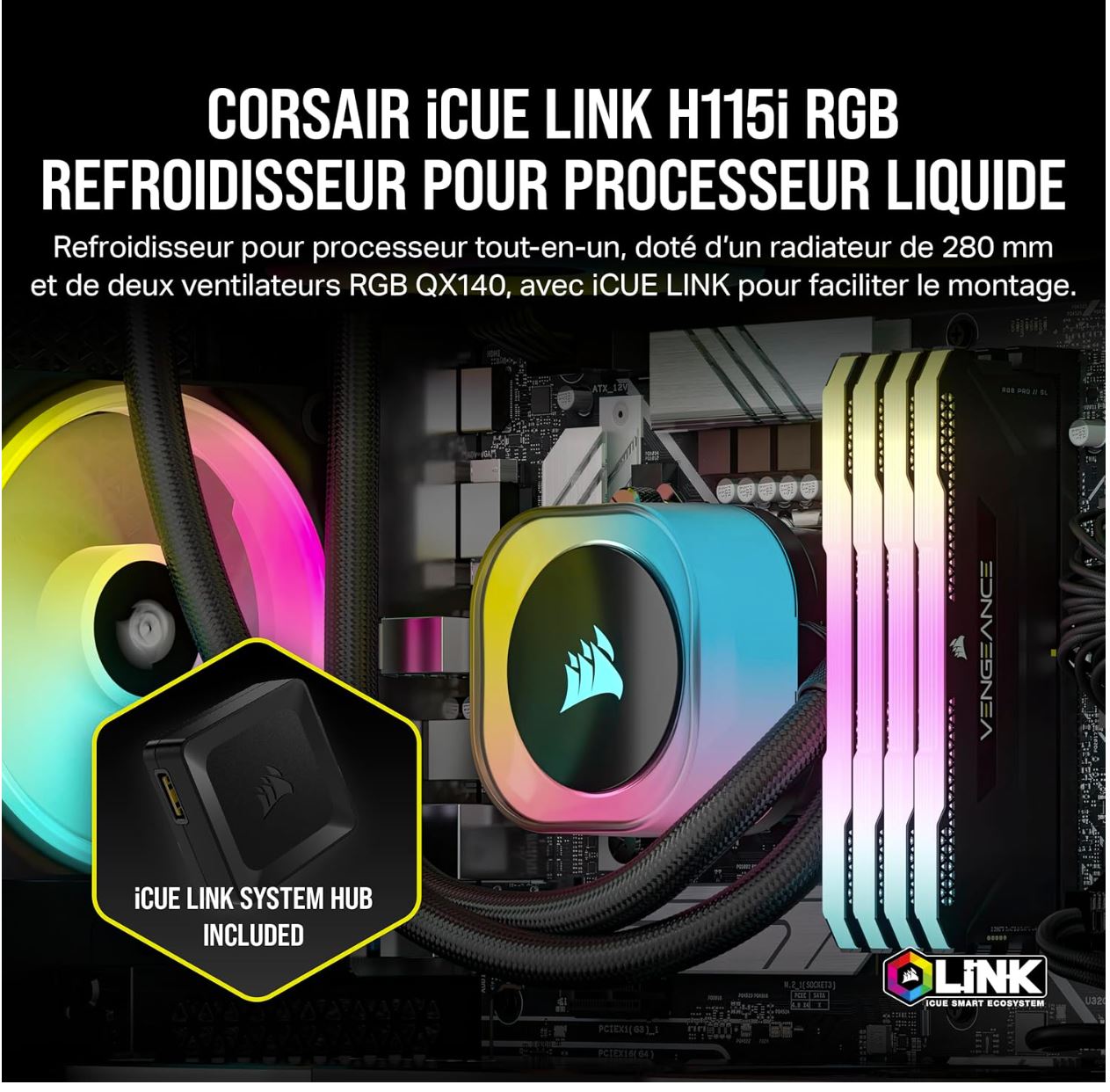 CORSAIR iCUE LINK H115i RGB Liquid CPU Cooler - 280mm AIO - Ventilateurs QX140 RGB - Convient à Intel® LGA 1700, AMD® AM5 - Hub Système iCUE LINK Inclus - Noir