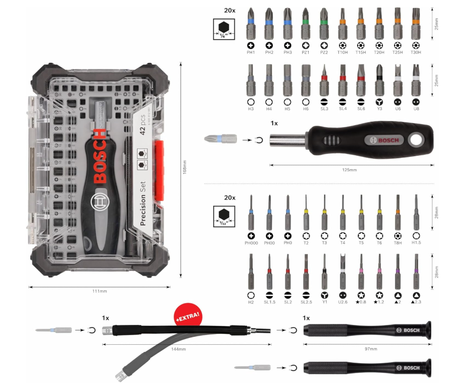 Bosch – Lot de 43 embouts de tournevis de précision avec rallonge flexible et support magnétique