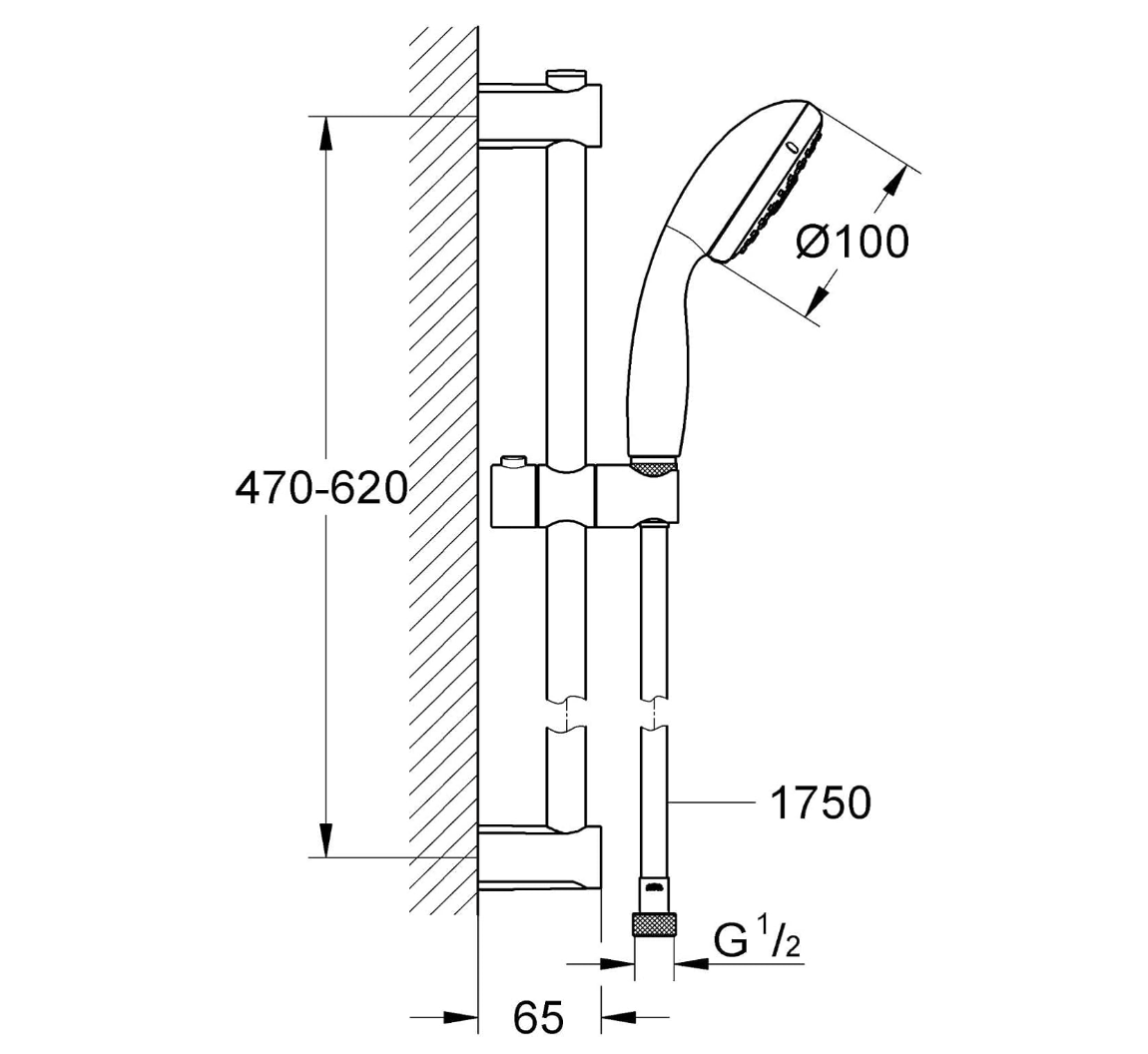 GROHE Vitalio Start 100 – Ensemble de douche 3 jets avec barre 600 mm et flexible 1750 mm – Finition chromée