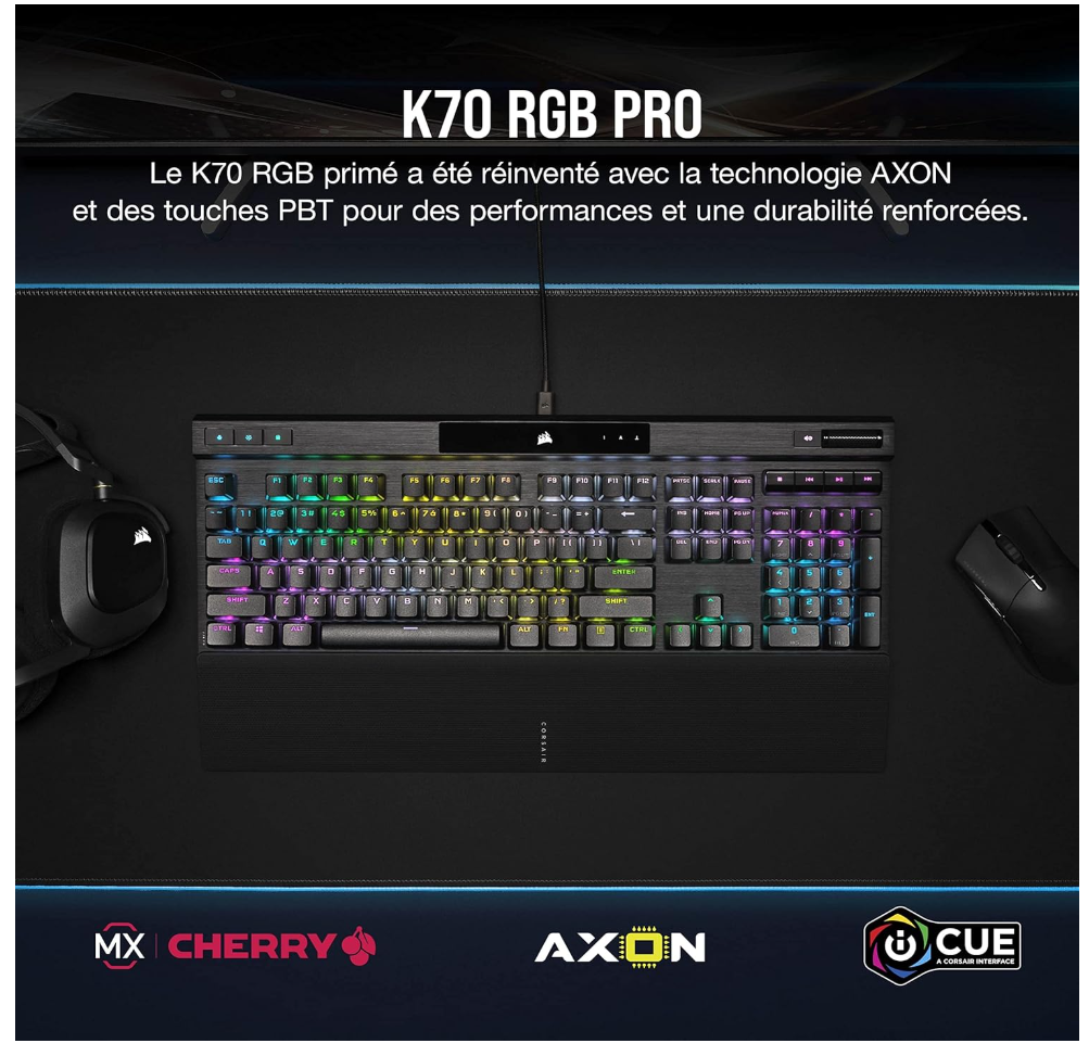 Corsair K70 RGB PRO – Clavier gaming mécanique filaire AZERTY FR (CHERRY MX Speed, 8000Hz, PBT double injection, repose-poignet) – Noir