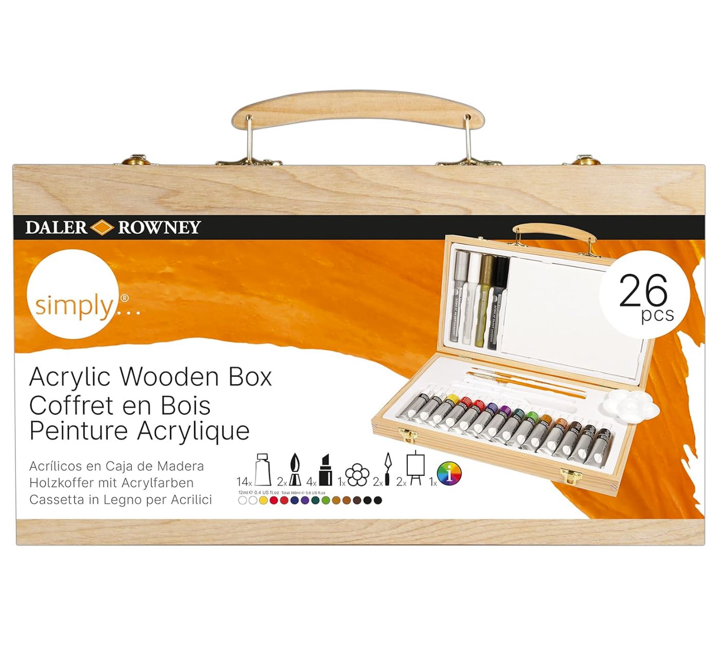 Daler Rowney Simply – Mallette de Peinture Acrylique 26 Pièces – Set Complet Débutant & Artiste – Couleurs Assorties