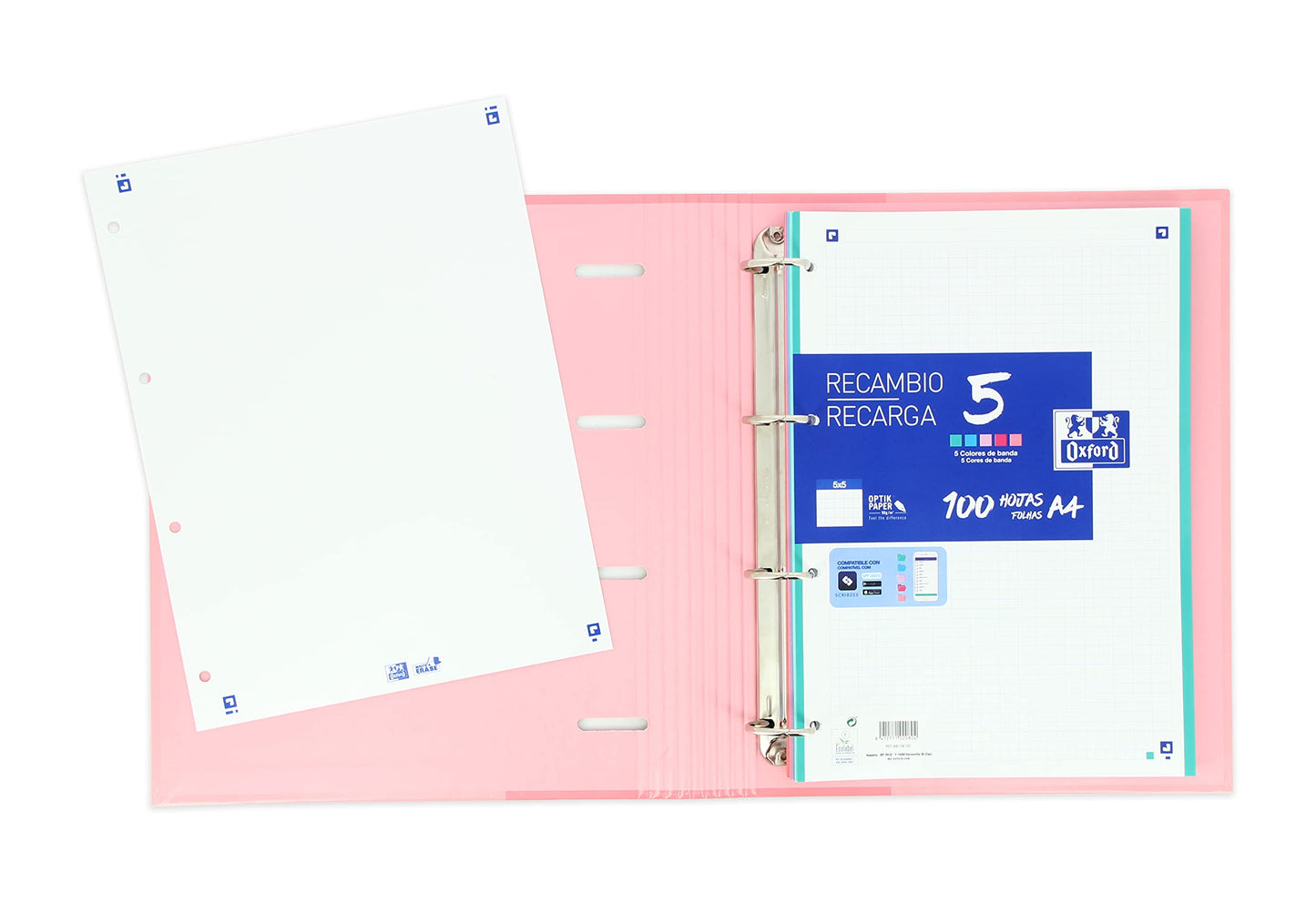 Classeur Oxford A4+ Rose 4 Anneaux – 80 Feuilles Quadrillées - vue 8