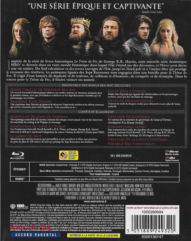 Game of Thrones Saison 1 Intégrale 5 Blu-Ray Neuf VF