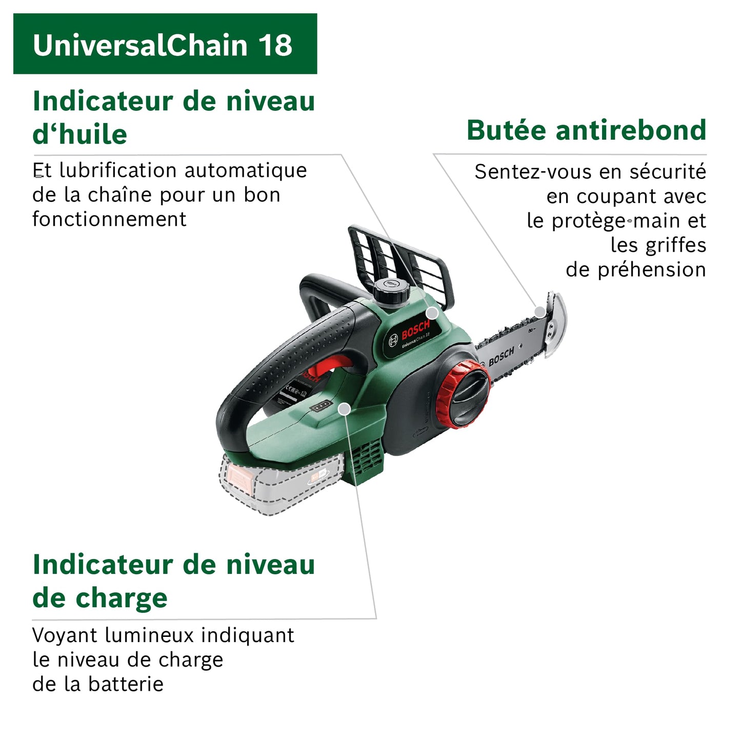 Bosch UniversalChain 18 Tronçonneuse Sans Fil – Guide 20 cm - vue 3