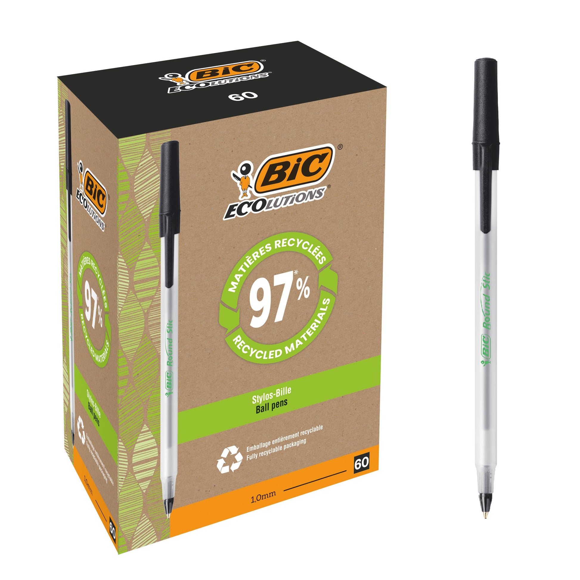 BIC Round Stic ECOlutions Stylos Bille Noir 1 mm Boîte 60