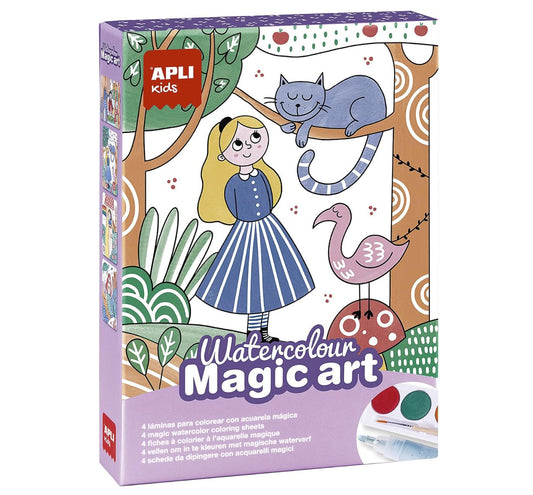 APLI Kids 18823 – Watercolor Magic Art – Set de 4 Fiches à Colorier à l’Aquarelle Magique – 6 Couleurs + 1 Feutre Magique + 1 Gomme – Activité Créative Enfant