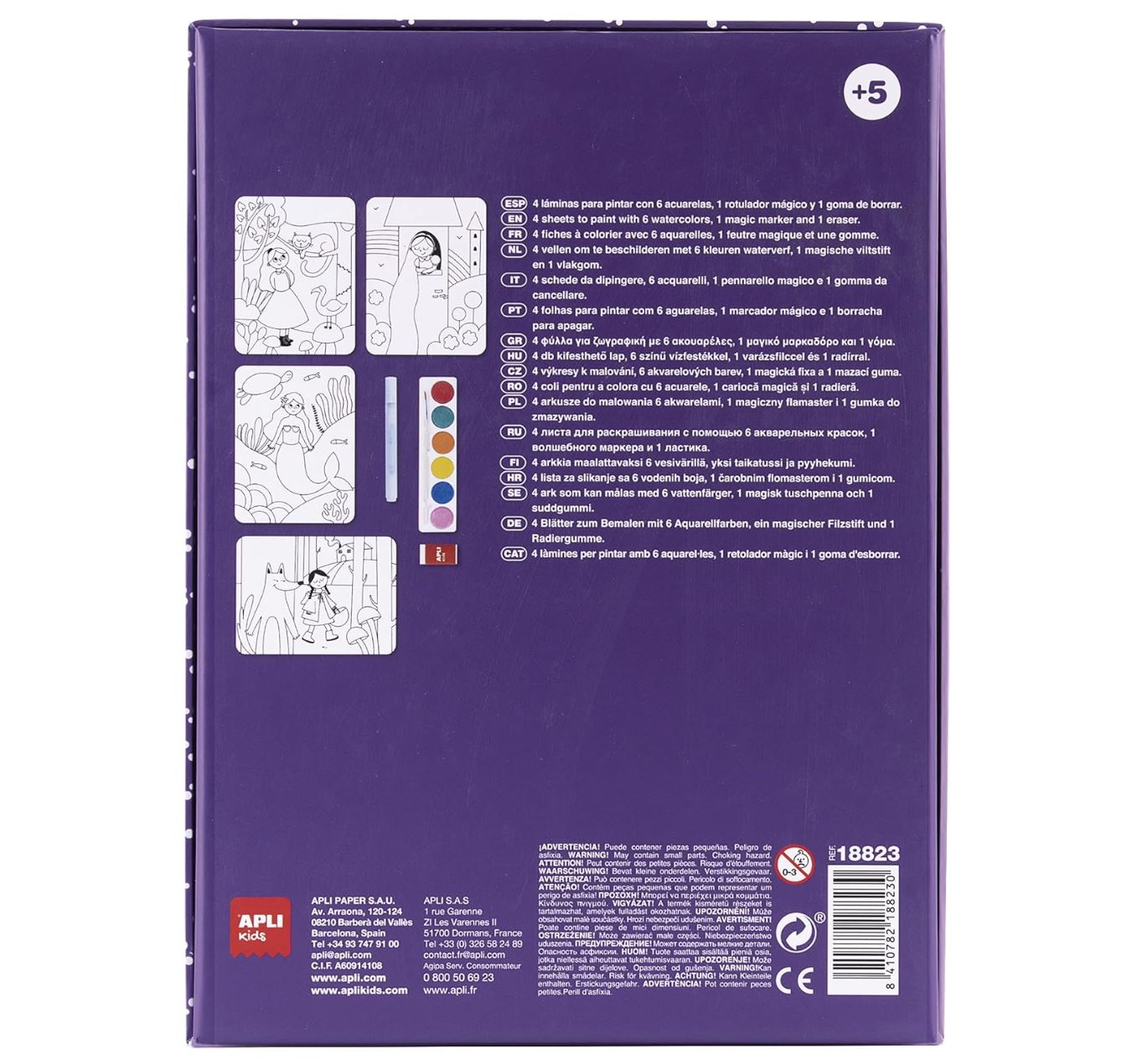 APLI Kids 18823 – Watercolor Magic Art – Set de 4 Fiches à Colorier à l’Aquarelle Magique – 6 Couleurs + 1 Feutre Magique + 1 Gomme – Activité Créative Enfant