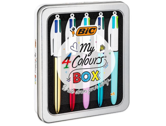 BIC My 4 Colours Box – Coffret Métallique de 5 Stylos Bille Rétractables 4 Couleurs – Pointe Moyenne 1 mm – Édition Shine & Fun