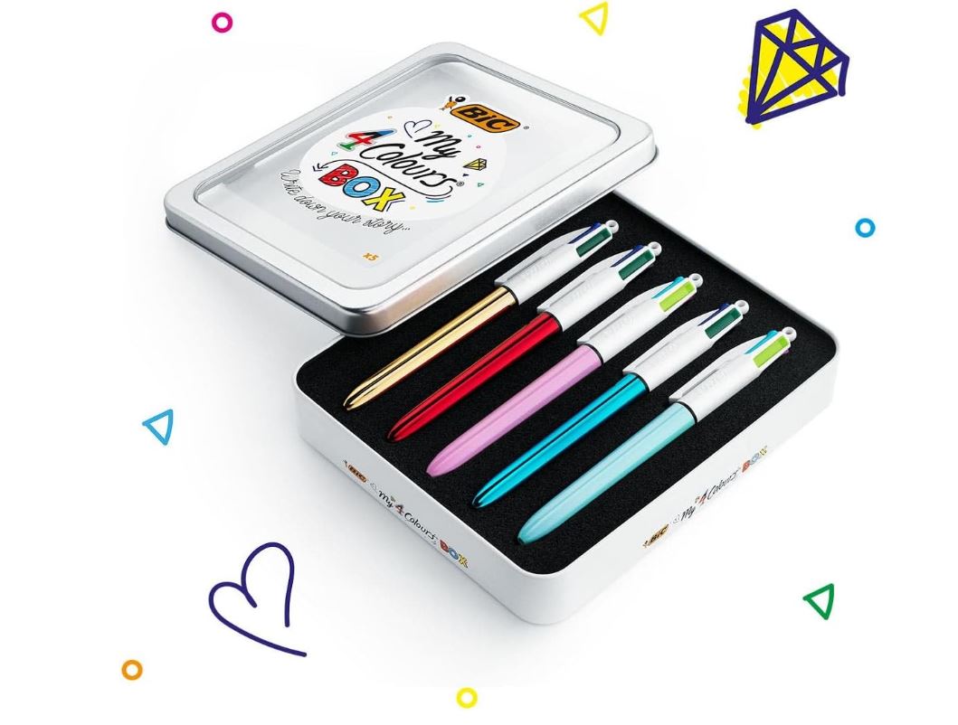 BIC My 4 Colours Box – Coffret Métallique de 5 Stylos Bille Rétractables 4 Couleurs – Pointe Moyenne 1 mm – Édition Shine & Fun