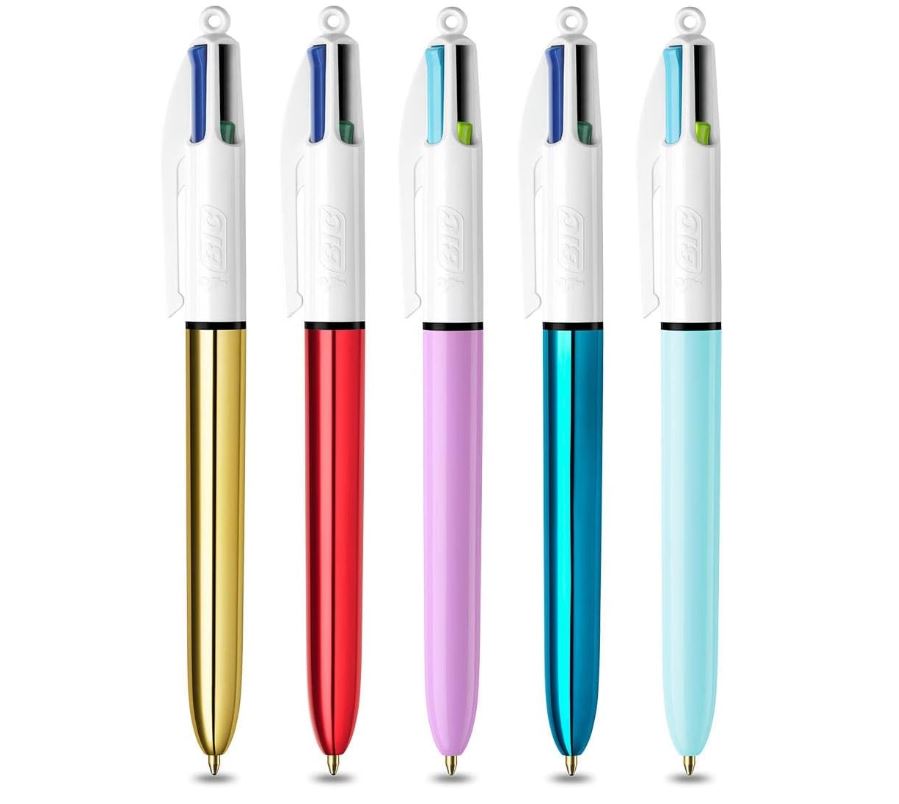 BIC My 4 Colours Box – Coffret Métallique de 5 Stylos Bille Rétractables 4 Couleurs – Pointe Moyenne 1 mm – Édition Shine & Fun
