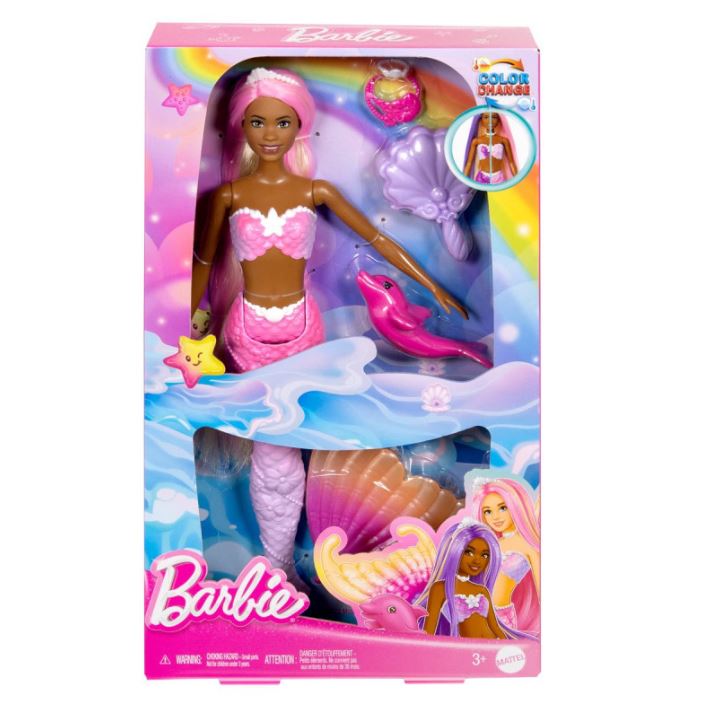 Barbie Sirène « Brooklyn » HRP98 – Poupée avec Cheveux Roses, Dauphin et Access
