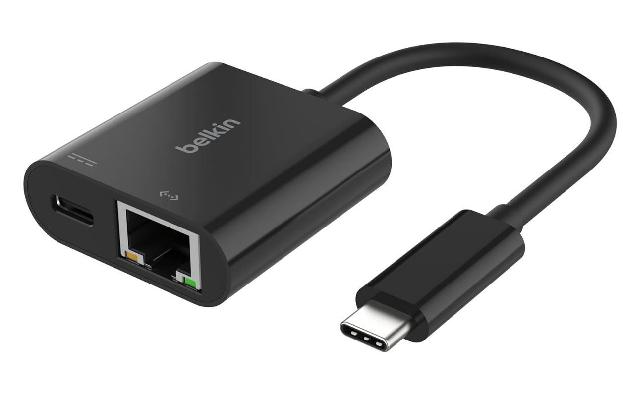 Adaptateur Belkin USB-C vers Ethernet + Recharge 100W – Gigabit Ethernet 10/100/1000 Mbps – Compatible iPhone 16, Samsung Galaxy S24, MacBook, iPad Pro