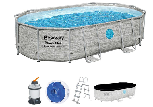 Piscine Tubulaire Bestway Power Steel™ Swim Vista 488x305x107 cm – Hublots Intégrés – Pompe à Sable Incluse – Kit Complet