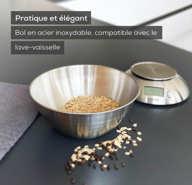 Beurer KS 54 – Balance de cuisine avec bol inox 1,5 L – Jusqu’à 5 kg – Précision pâtisserie