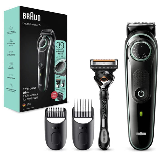 Braun Beard Trimmer 3 BT3341 – Tondeuse Barbe et Cheveux Homme – Tondeuse Corps avec Sabot Zones Sensibles – Noir/Gris