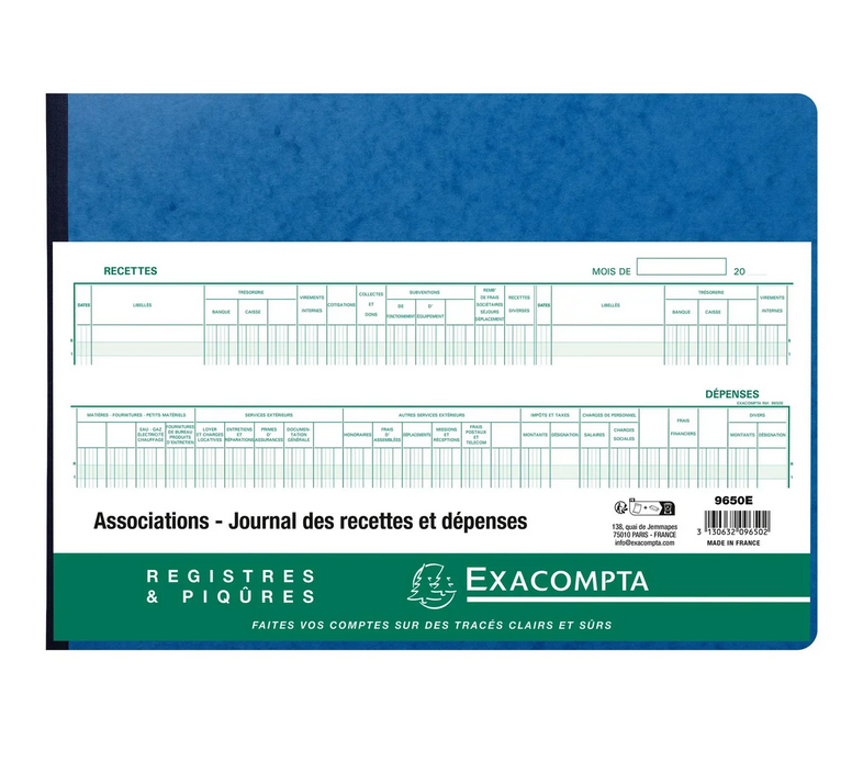 Exacompta – Piqûre Comptabilité Associations 25x38 cm – Journal des Recettes et Dépenses 80 pages