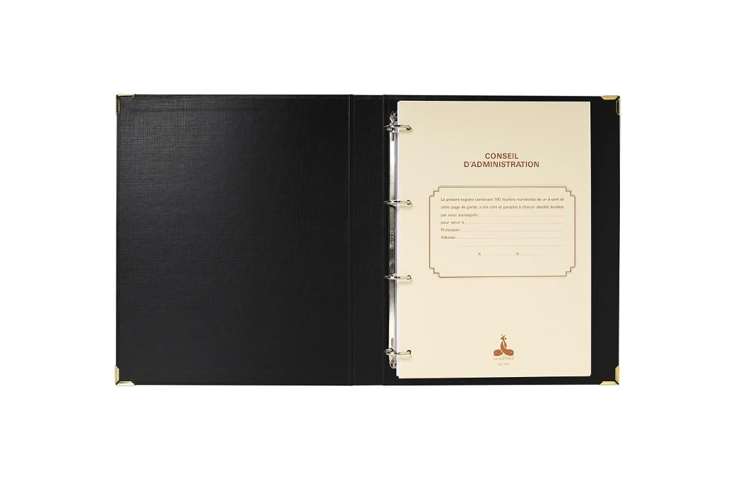 Le Dauphin 922D – Classeur noir “Conseil d’Administration” Premium avec coins dorés et recharge 100 feuillets A4