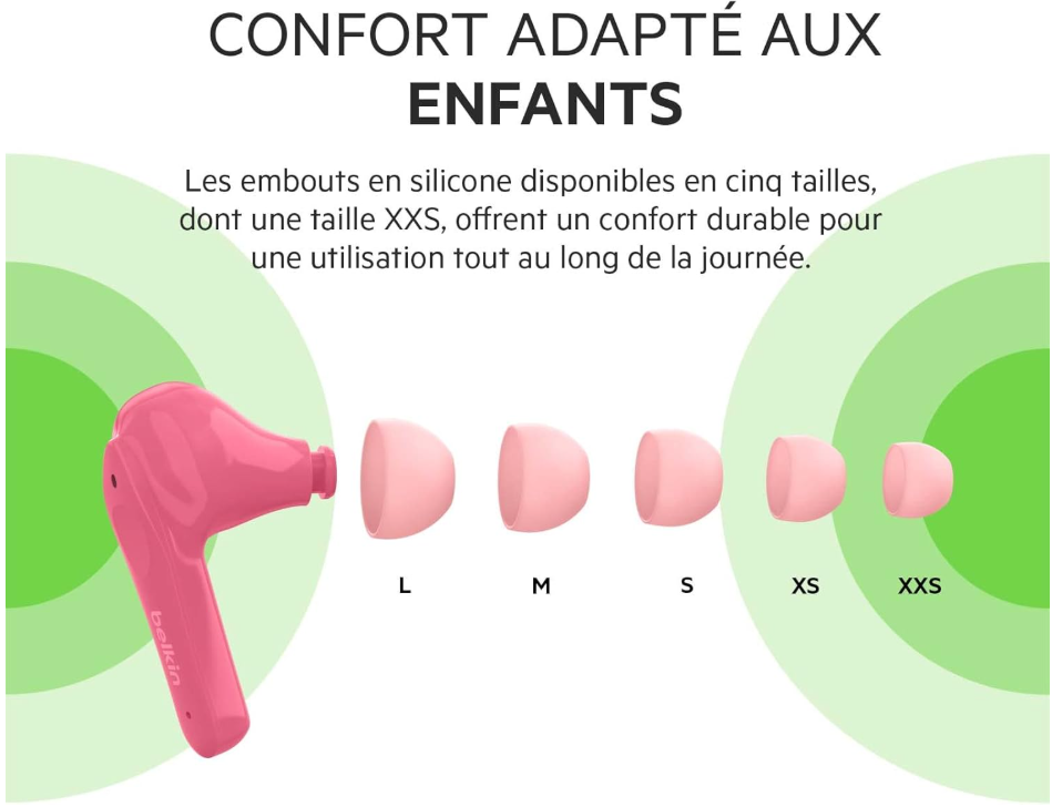Belkin SOUNDFORM Nano – Écouteurs sans fil pour enfants True Wireless – Limite de 85 dB, IPX5, 24h d’autonomie – Rose