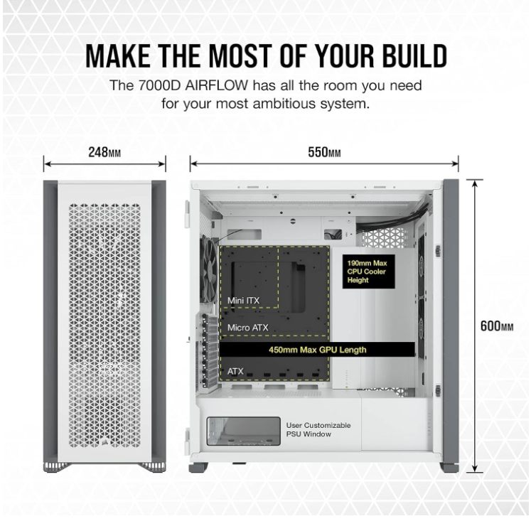 Corsair 7000D Airflow – Boîtier PC ATX grande tour blanc à flux d’air élevé – 3 ventilateurs 140 mm inclus