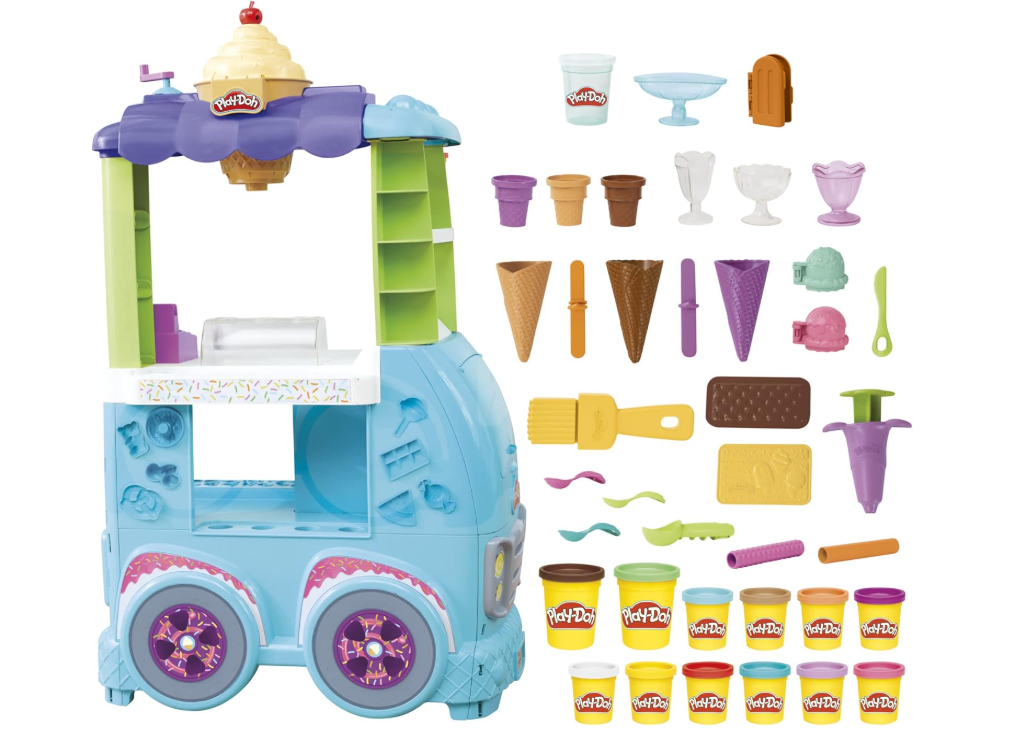 Play-Doh Kitchen Creations – Camion de glace géant avec 27 accessoires et 12 pots de pâte à modeler