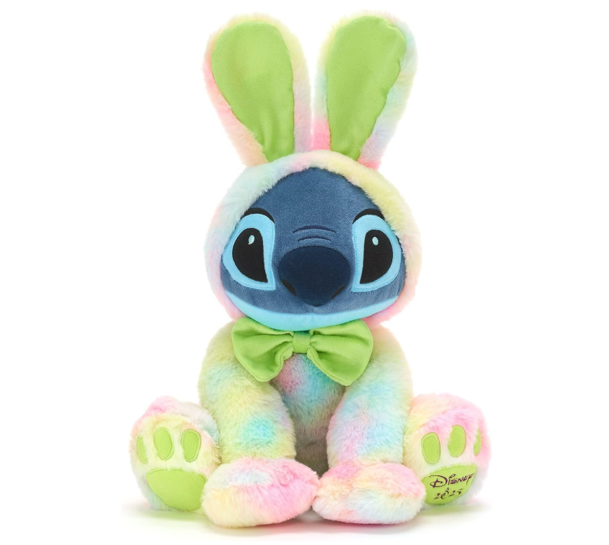 Disney Store – Peluche Stitch Pâques 45 cm déguisée en lapin tie & dye avec nœud papillon vert – Édition 2025
