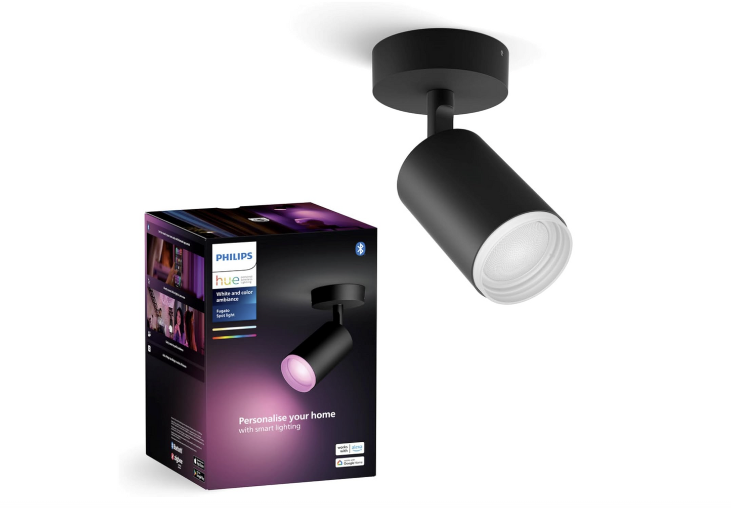 Philips Hue White & Color Ambiance Fugato – Spot connecté 1 flg. noir – 16 millions de couleurs, 350 lm, compatible Alexa