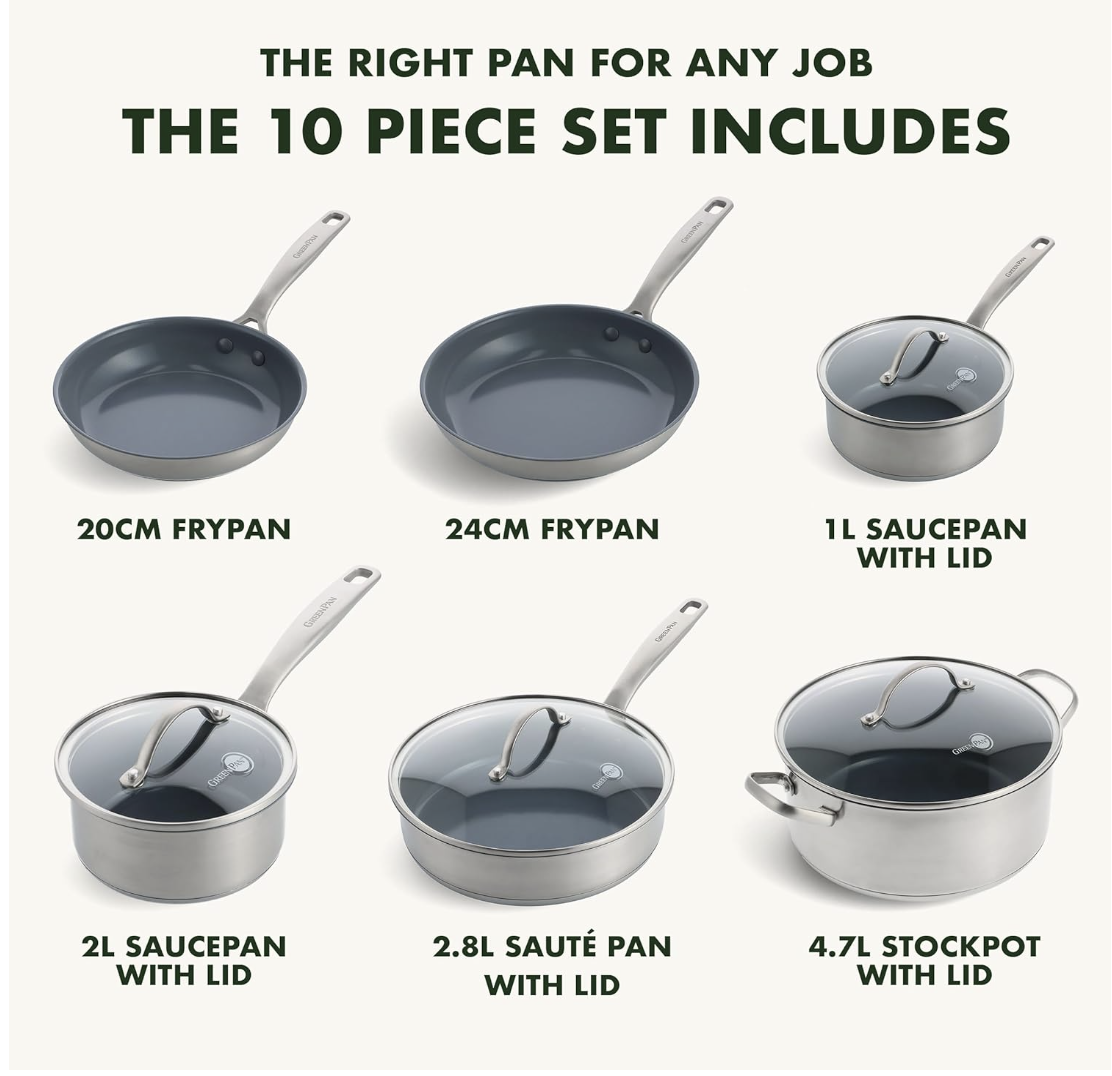 GreenPan Treviso – Batterie de cuisine 10 pièces en inox avec revêtement céramique sain sans PFAS – Compatible induction et four