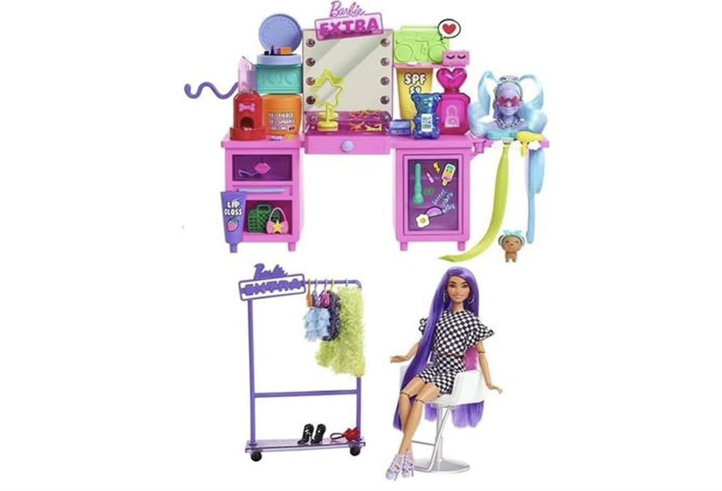Barbie Extra – Coffret Coiffeuse avec poupée articulée, chiot et plus de 45 accessoires – Édition exclusive GYJ70