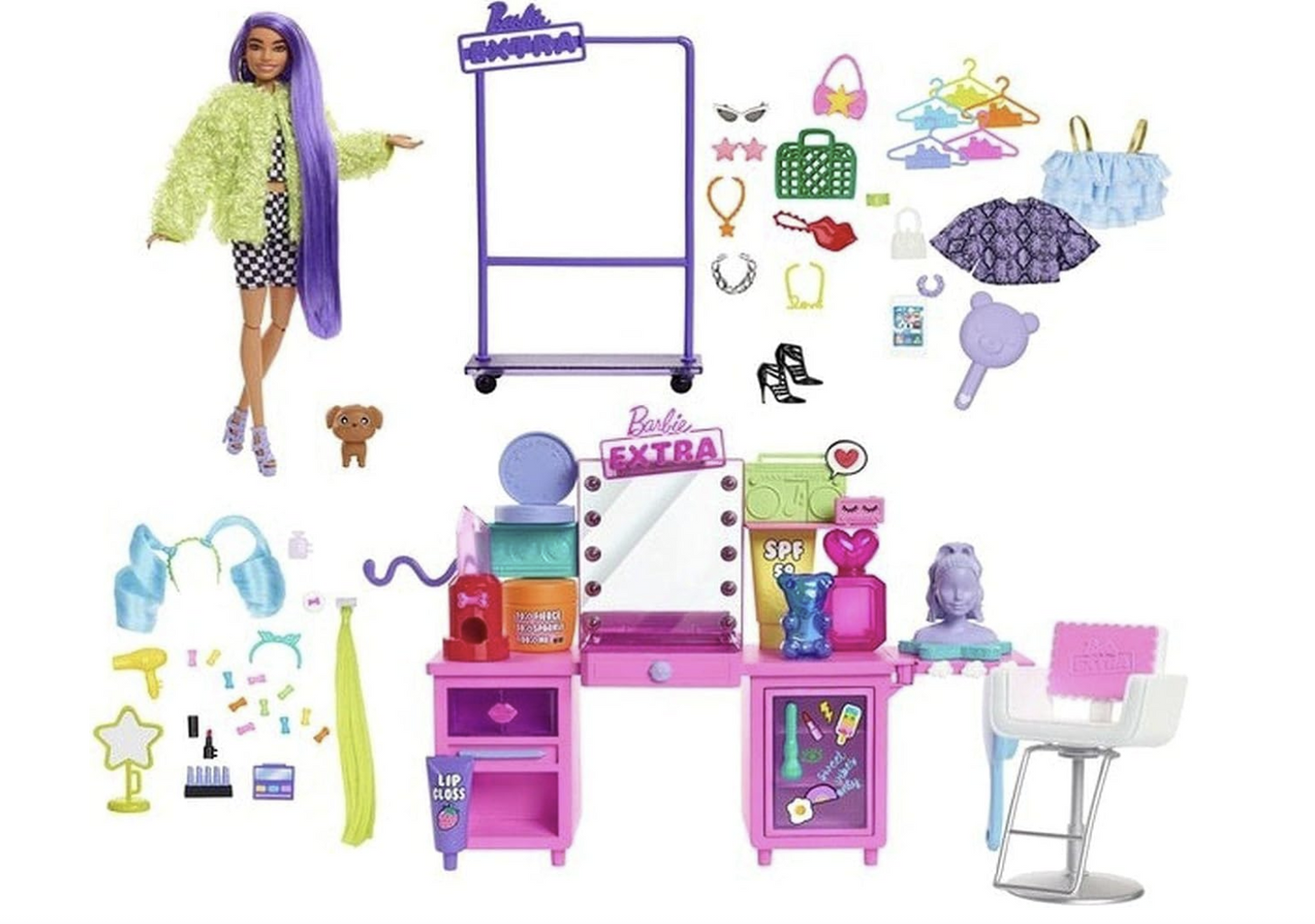 Barbie Extra – Coffret Coiffeuse avec poupée articulée, chiot et plus de 45 accessoires – Édition exclusive GYJ70