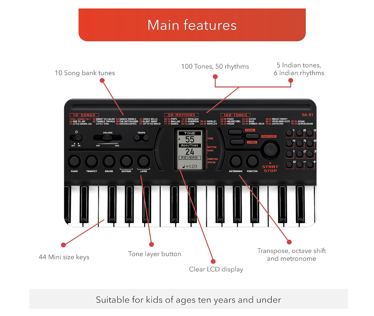 Casio SA-81 – Mini Clavier 44 touches – Produit neuf reconditionné (emballage ouvert) – Noir