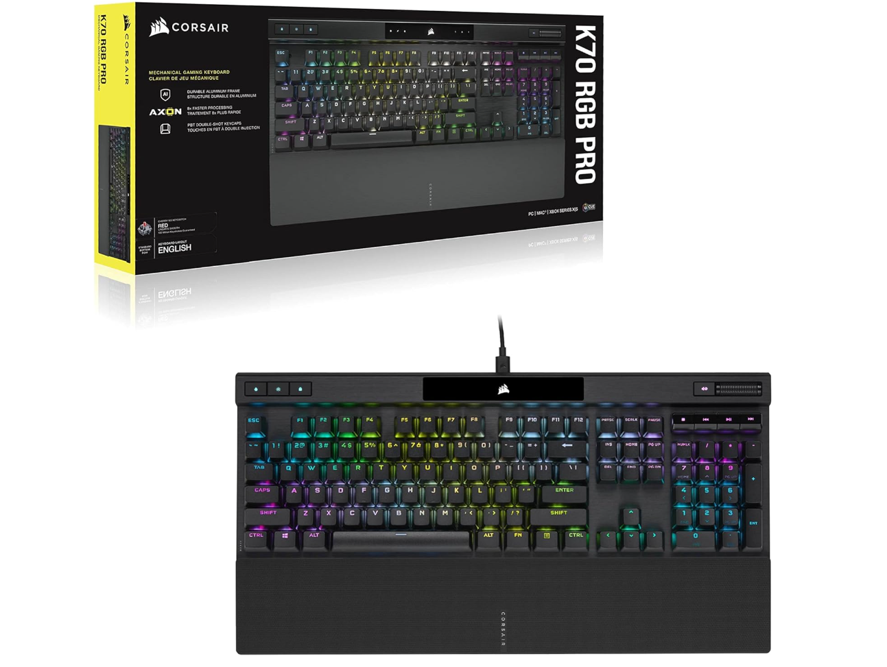 Corsair K70 RGB PRO – Clavier gaming mécanique filaire AZERTY FR (CHERRY MX Speed, 8000Hz, PBT double injection, repose-poignet) – Noir