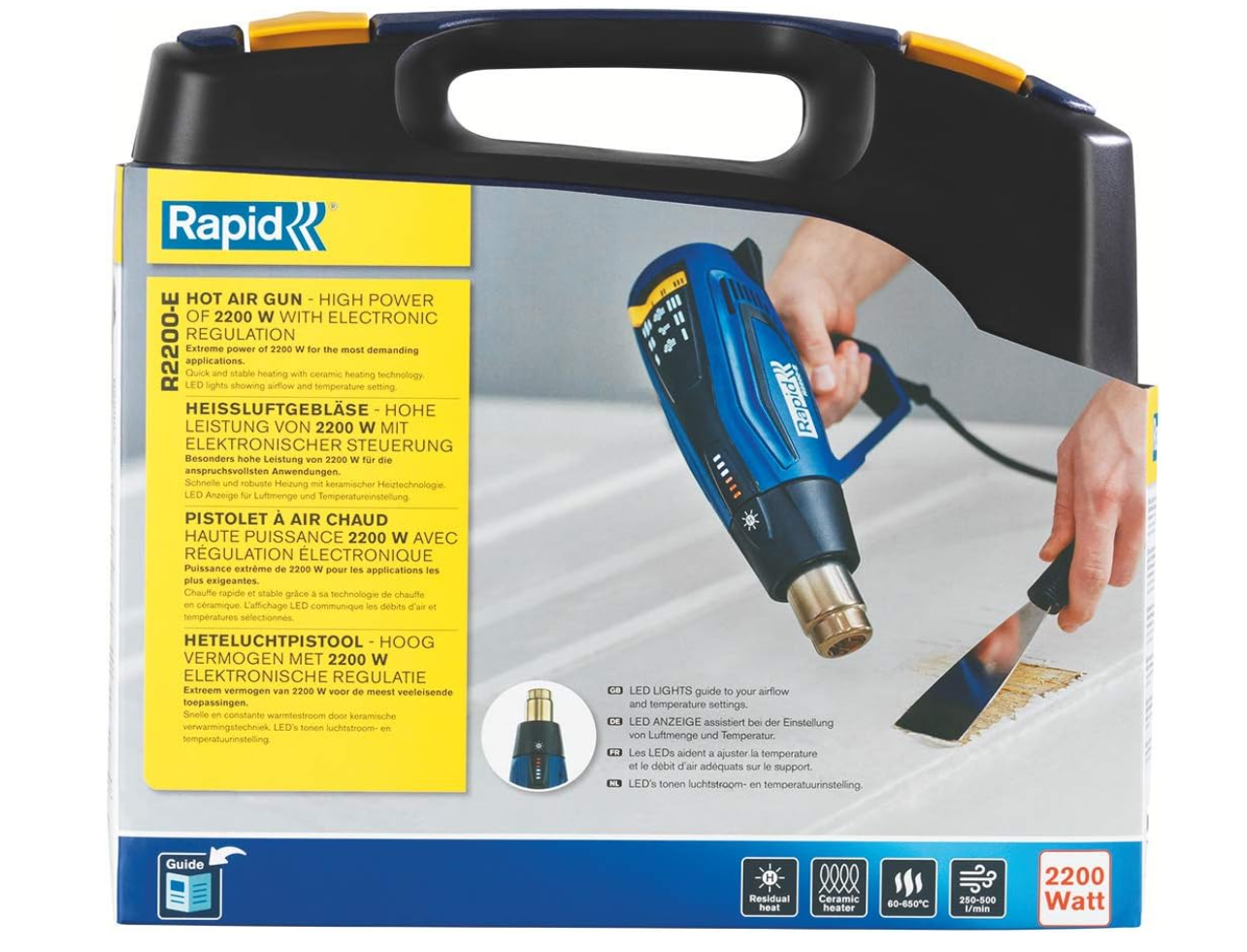 RAPID R2200 – Pistolet à air chaud professionnel 2200 W avec mallette – Réglages de température 60 à 650 °C