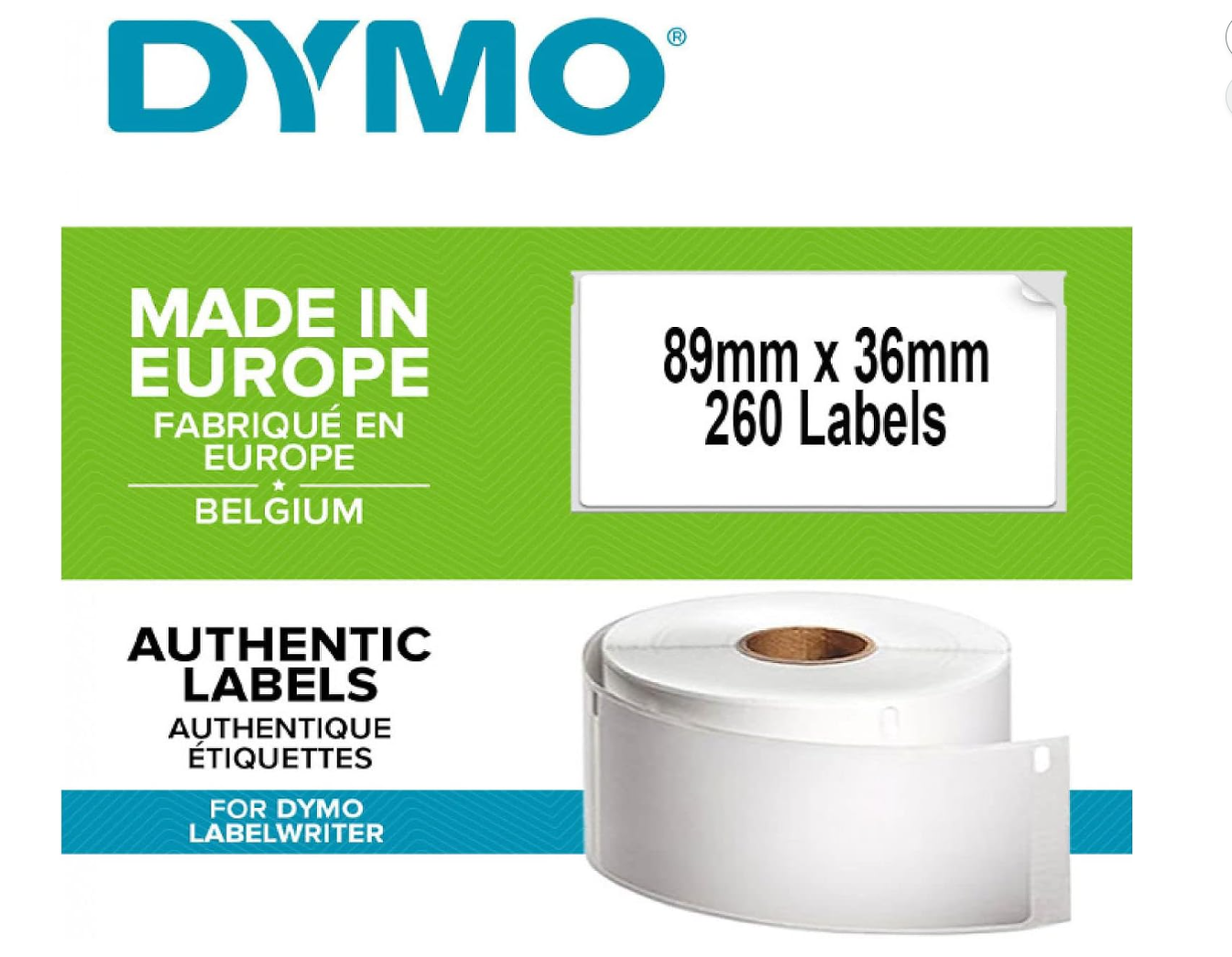 DYMO LabelWriter – Rouleau de 260 étiquettes d’adressage 36x89 mm – Petites étiquettes autocollantes authentiques – Neuf