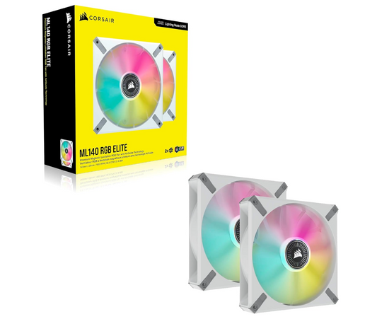 Corsair iCUE ML140 RGB ELITE – Pack de 2 ventilateurs 140 mm PWM – Blanc – Lighting Node CORE inclus