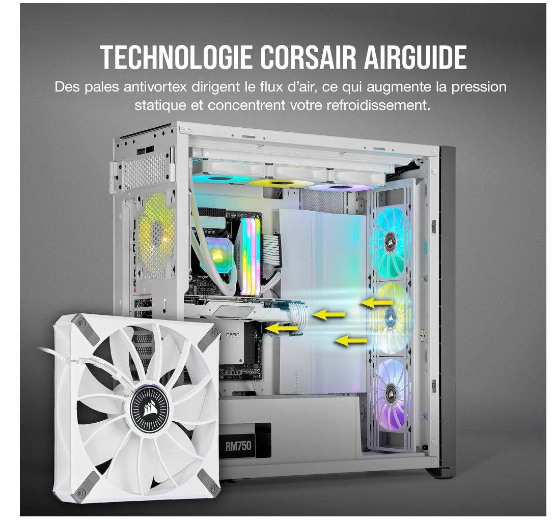 Corsair iCUE ML140 RGB ELITE – Pack de 2 ventilateurs 140 mm PWM – Blanc – Lighting Node CORE inclus