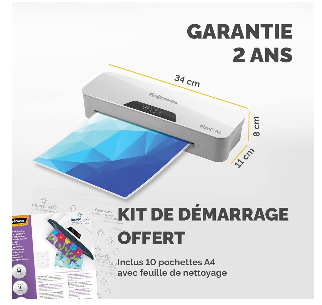 Fellowes Pixel A4 – Plastifieuse 125 microns avec 10 pochettes incluses – Compacte et rapide