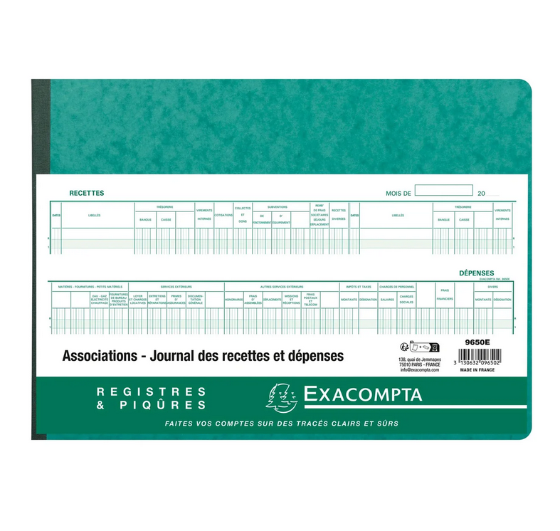 Exacompta – Piqûre Comptabilité Associations 25x38 cm – Journal des Recettes et Dépenses 80 pages