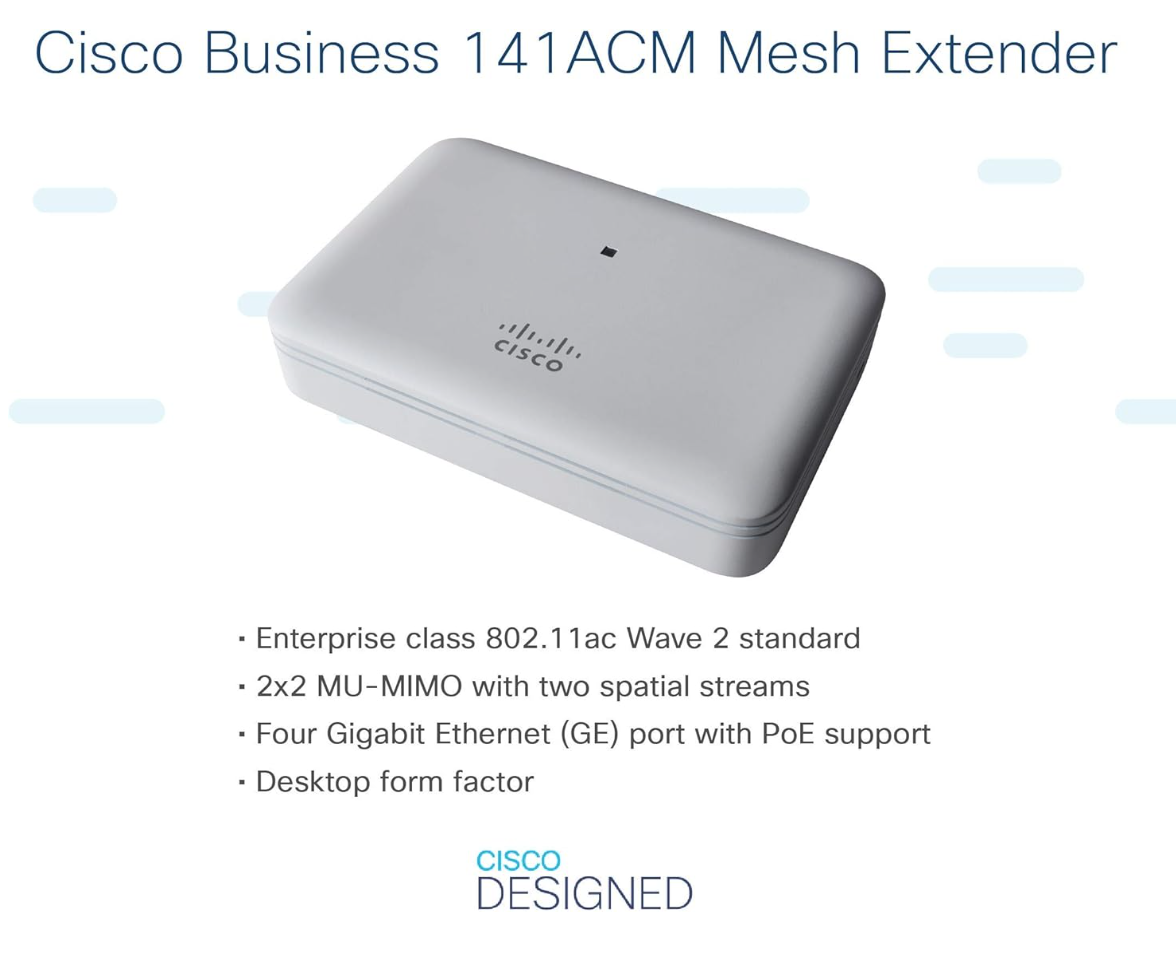 Cisco CBW141ACM – Extenseur de maillage 802.11ac Wave 2 2×2 avec 4 ports GbE et 1 port PoE, hub d’extension Wi-Fi Business