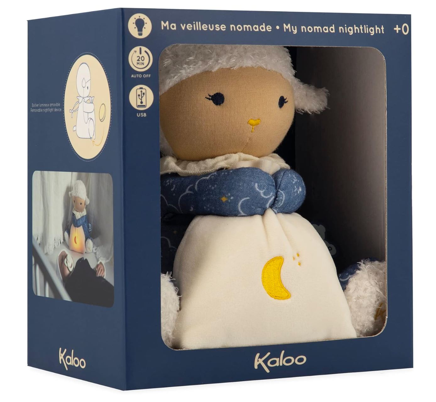 KALOO – Veilleuse Mouton Nomade Doux Sommeil – Peluche Apaisante Bébé dès la Naissance – Rechargeable USB – 20 cm – K221006
