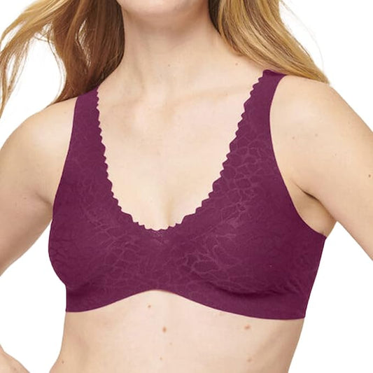 Meta description : Bralette Sloggi Zero Feel Lace 2.0 sans armatures. Confort seconde peau, dentelle élégante, couleur Wine 00YN, taille M.
