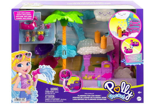 Polly Pocket – Coffret La Station de Lavage Flamant Rose Pollyville – 2 Mini-Figurines, Voiture Changeant de Couleur – Jouet Enfant Dès 4 Ans – Réf. HHJ05
