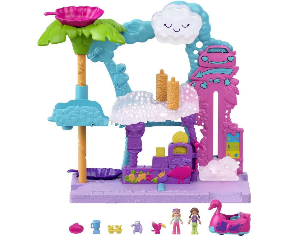 Polly Pocket – Coffret La Station de Lavage Flamant Rose Pollyville – 2 Mini-Figurines, Voiture Changeant de Couleur – Jouet Enfant Dès 4 Ans – Réf. HHJ05