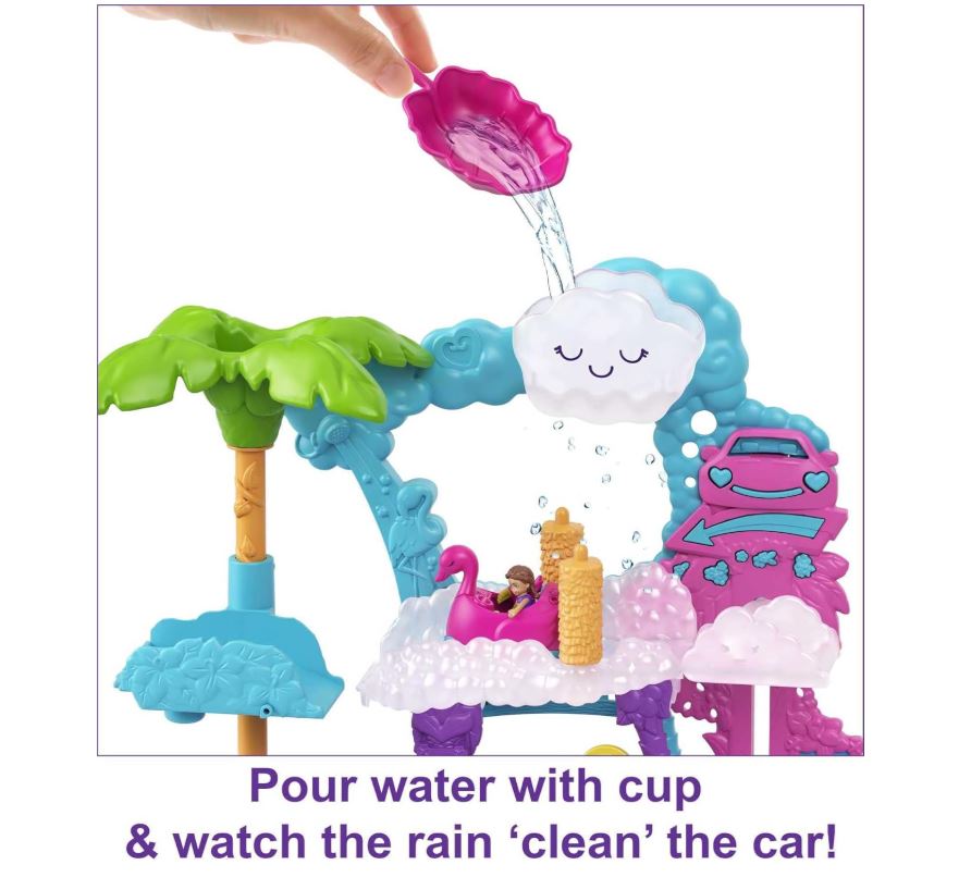 Polly Pocket – Coffret La Station de Lavage Flamant Rose Pollyville – 2 Mini-Figurines, Voiture Changeant de Couleur – Jouet Enfant Dès 4 Ans – Réf. HHJ05