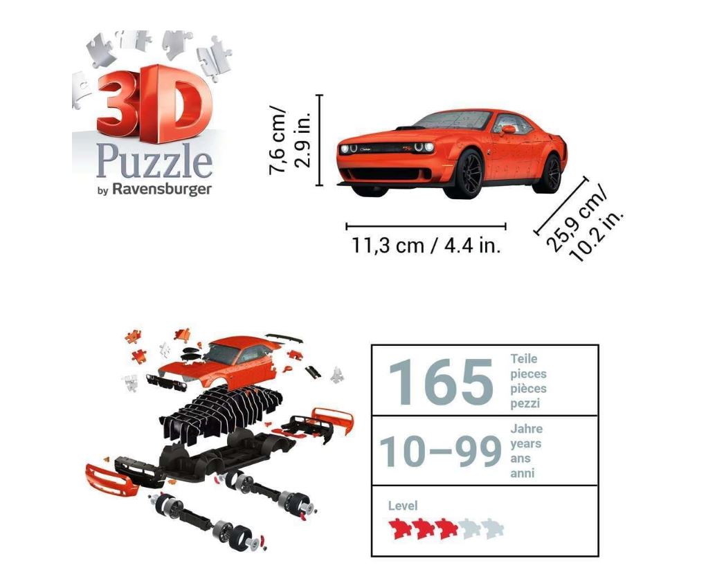 Ravensburger Puzzle 3D Dodge Challenger Scat Pack Rouge – 108 pièces – Modèle réaliste à assembler – Dès 10 ans